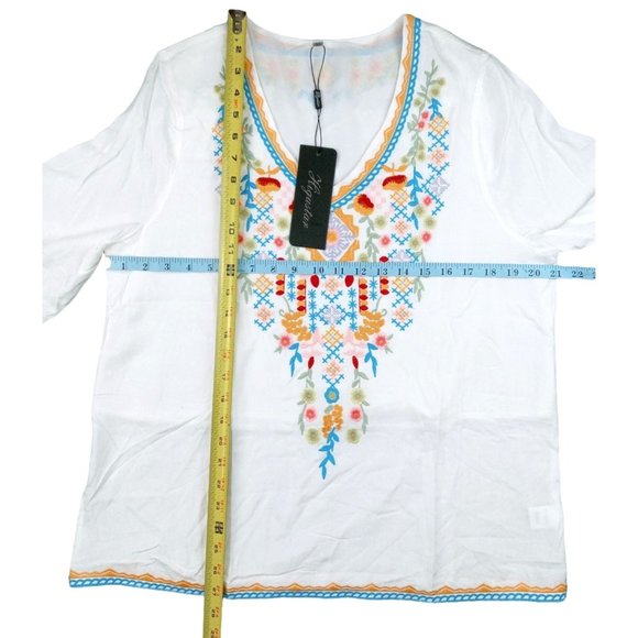 Embroidered Boho Blouse Top Women Medium Bohemian Higustar White Floral Peasant - Picture 9 of 9